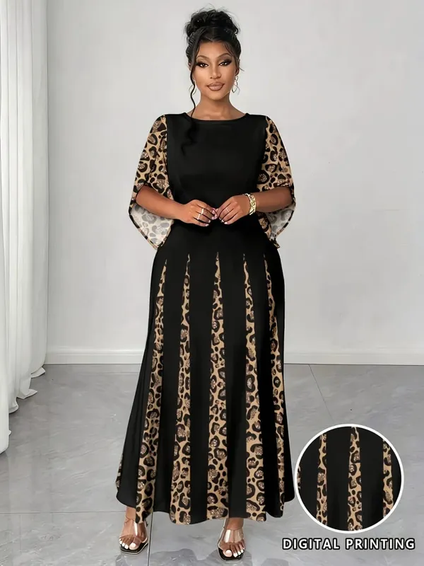 Elegant Leopard Print Maxi Dress Plus Size Fashionable Long Sleeve Gown Comfortable & Stylish Women's Clothing