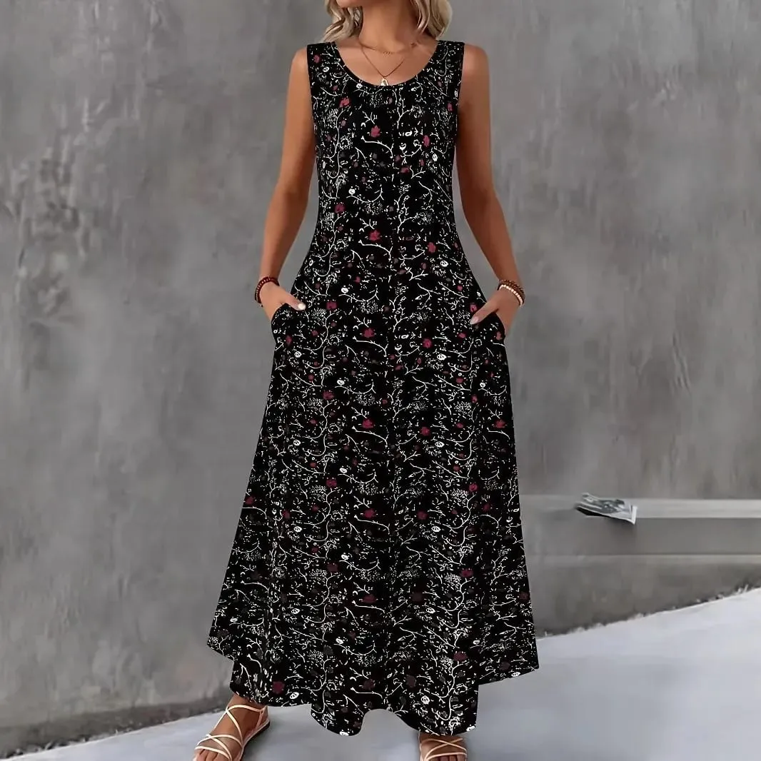 Women Summer Casual Sleeveless Floral Print Maxi Dress O Neck A-Line Long Dress With Pockets Loose Vestidos Beach Sundress