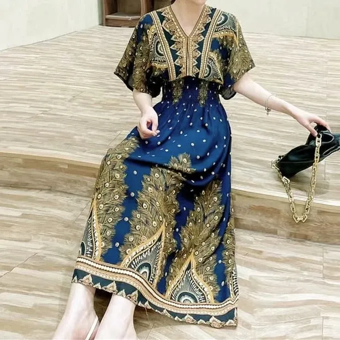 Na co dzień elegancki retro czeski styl narodowy dekolt w serek w pasie duża huśtawka z nadrukiem letnia długa spódnica kobieca sukienka ubrania