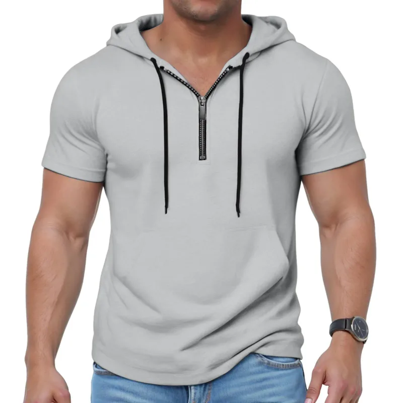 Hoodies casuais de manga curta masculina moda esportes metade zip cordão moletom mostrar mais forte solto respirável fitness hoodies — image 15
