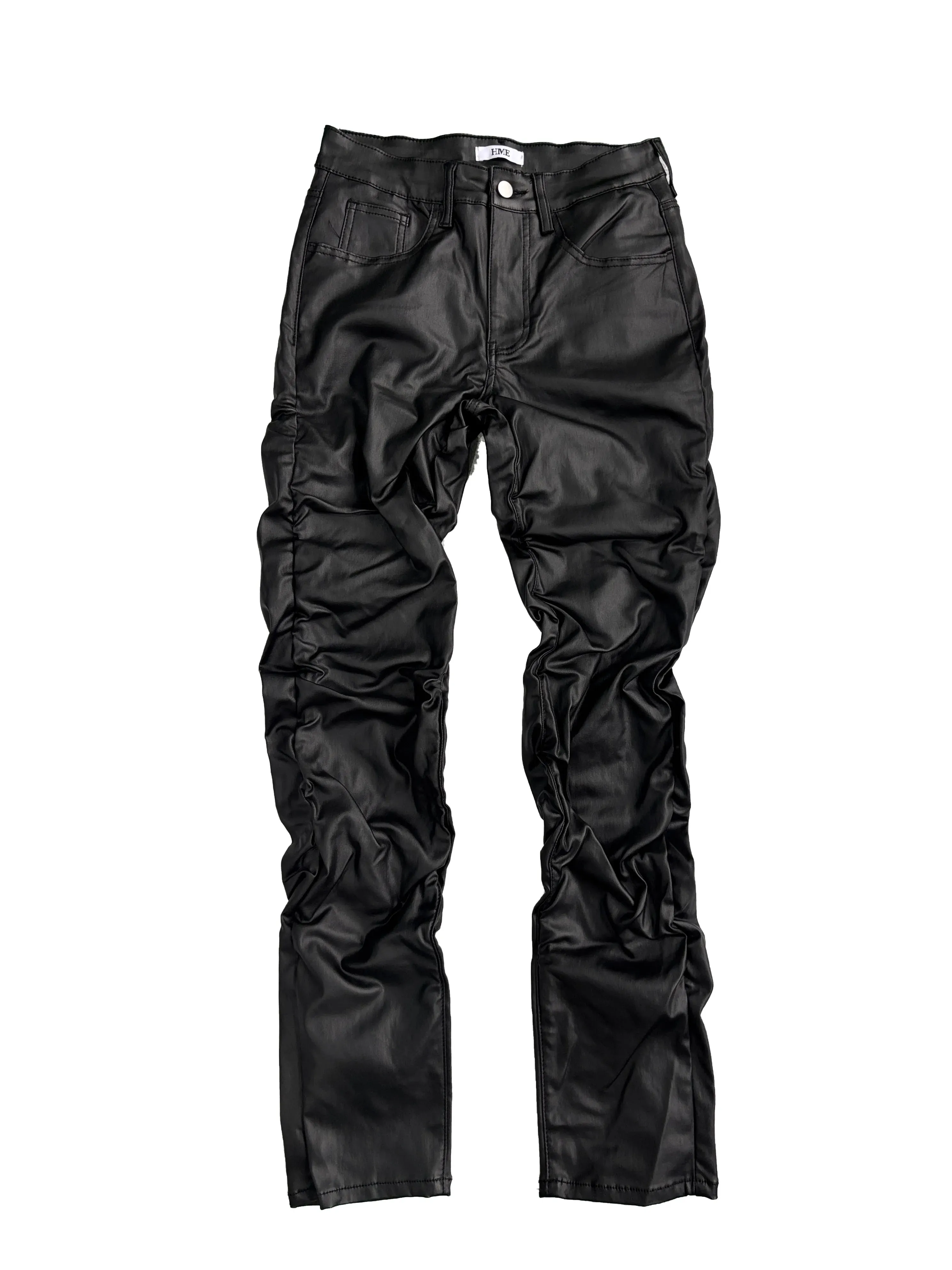 【HME】Men's Jeans | Black Wax Coated Denim Pants Faux‑Leather Look Stacked Ruched Denim Jeans For Men Full‑Length Wrinkle Pleat Design Tough Coated Denim Fabric Street‑Fashion Stacked Fit Male Trousers