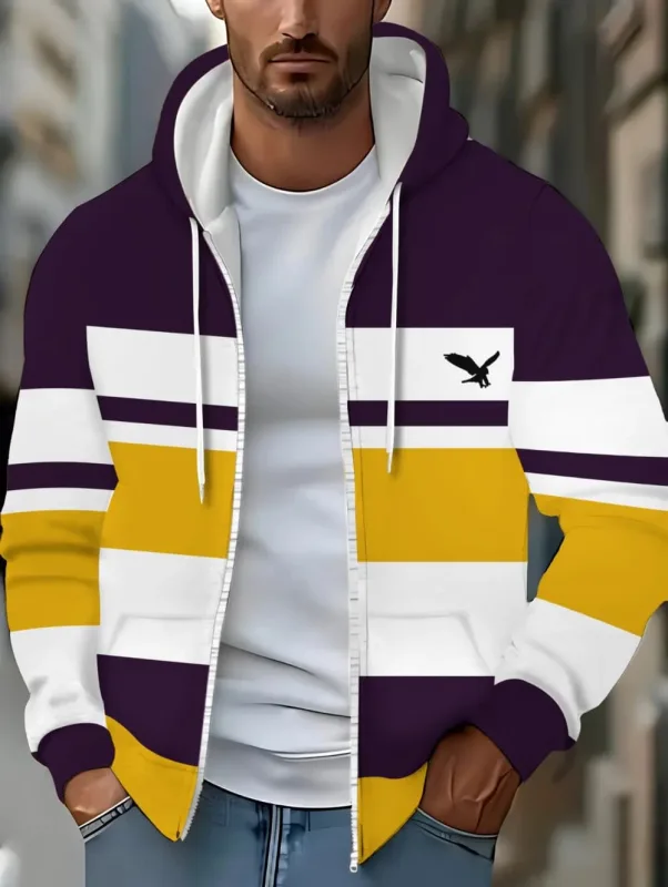 Hoodies for Man Striped Print Full Zip Sweatshirt Outdoor Wear Man Hoodie Fashion Casual Loose Sports Tops Pullover Man Clothing