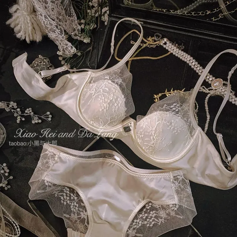 Satin Lace French Lingerie Set Women Push Up Anti Sagging Full Coverage Brassiere Soft Breathable Ladies Daily Underwear 32-38
