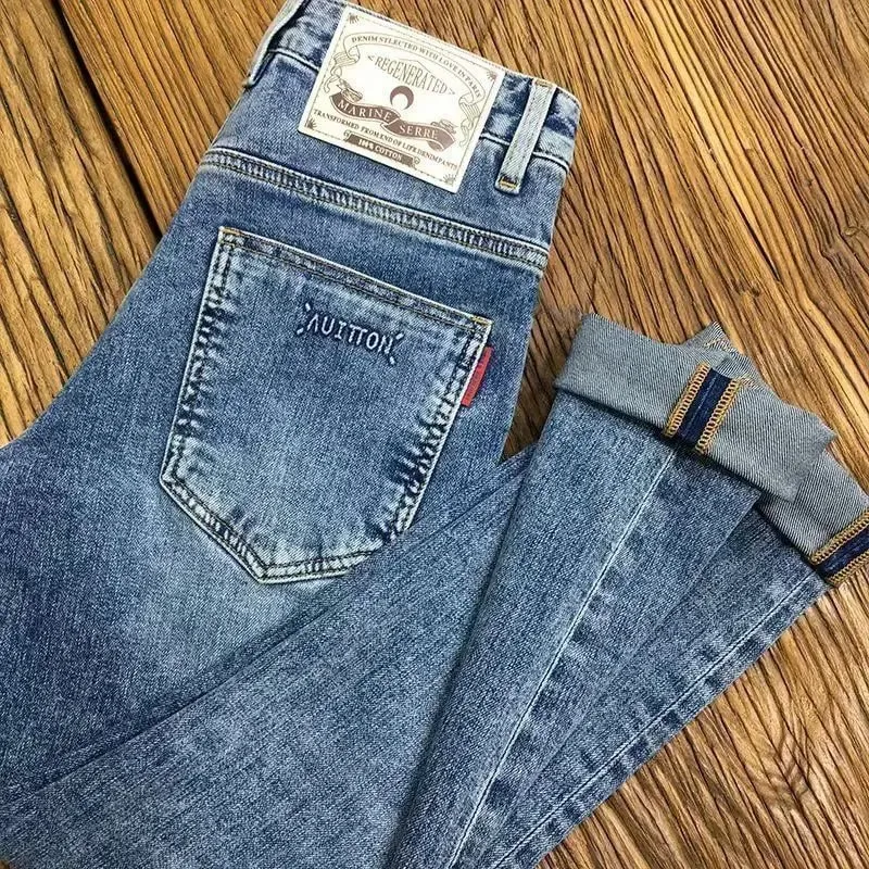 Embroidery Slant Pocket Jeans Men's Trendy Brand Embroidery Slim-fit Elastic Small Straight Blue Fashion Casual Trousers Men
