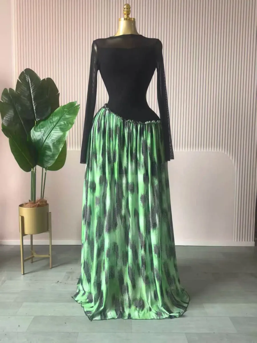 Women Mesh Print Full Sleeve O-neck Elegant Long Maxi Dress Fall Birthday Holiday Evening Sexy Party Dresses Vestidos