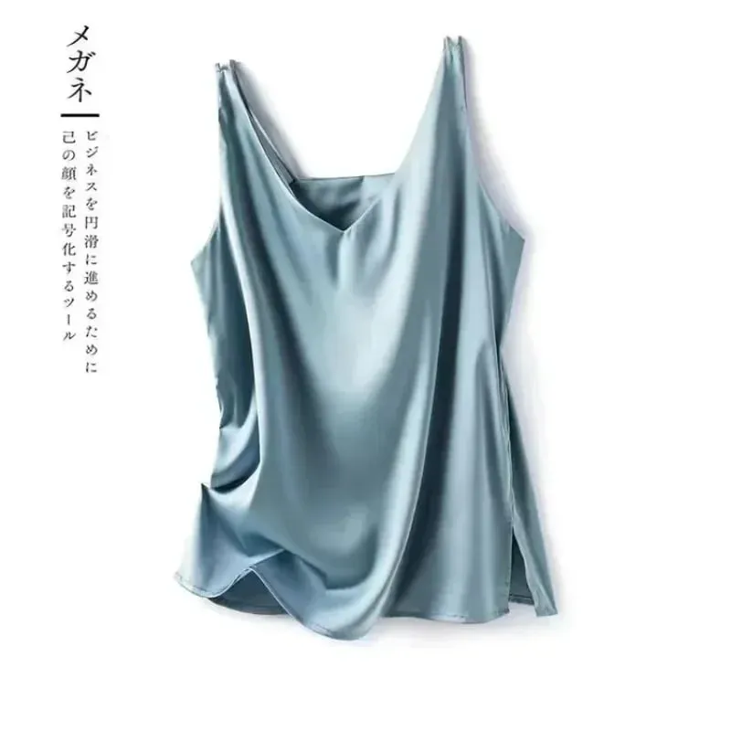 Kvinde T-shirts Elegant SILK Satin Bluse Ærmeløs Kvinde Sommer Casual Løse Tanks og Camis Ensfarvede grønne toppe til kvinder — image 4