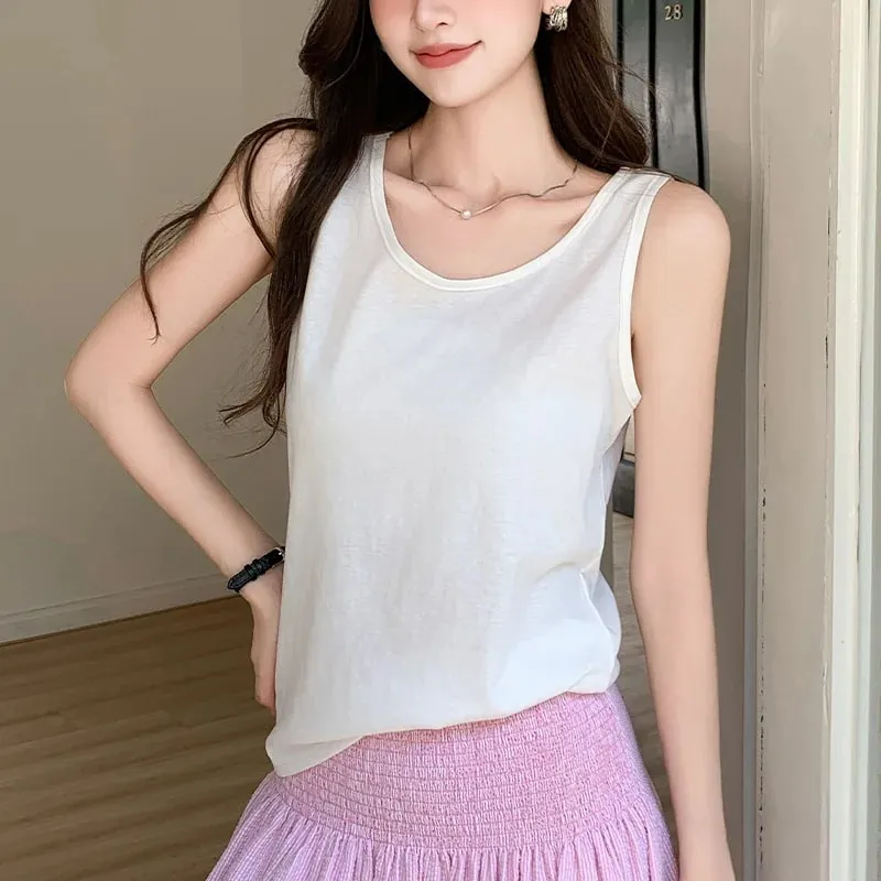 Women Cotton Tank Top Summer Outerwear Loose-Fitting Fitted Layering Round Neck Sleeveless Lightweight Breathable Simple Casual