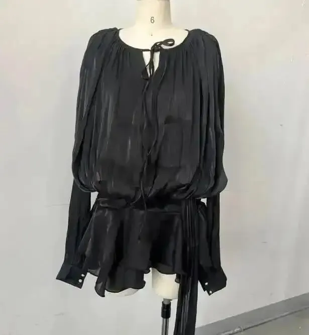 2026 New Summer Fashion Women Clothes Round Neck Lantern Sleeves Satin Short Dress With Shorts Under Two Pieces Set