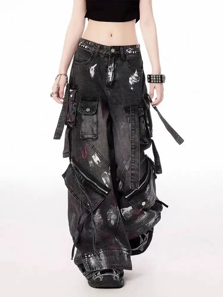 2000s Y2K heavy industry drag pants Gothic multi-pocket hip hop wide leg jeans washed black jeans men and women street pants