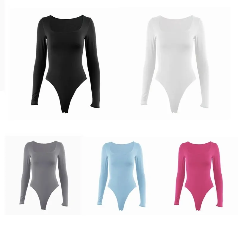 Body s dlouhým rukávem jaro 2025 límeček čtvercového střihu Pevný bodycon elastický návlek Sexy Y2k Dámské oblečení Fashion Club Party 2520