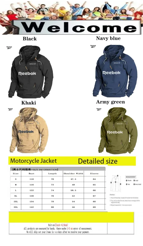 Reebok Men's Spring/Autumn Hooded Sweatshirt, Retro Sports Style, Loose Casual Top, Solid Color with Multiple Zippers Design