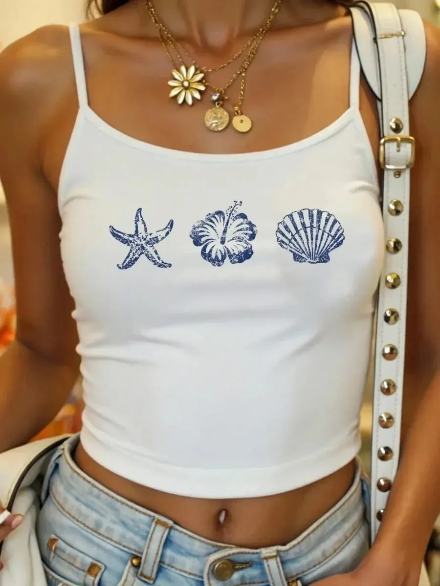 Women Seashell Starfish Print Spaghetti Strap Camisole Summer Casual Y2K Street Style Slim fit Crop Top