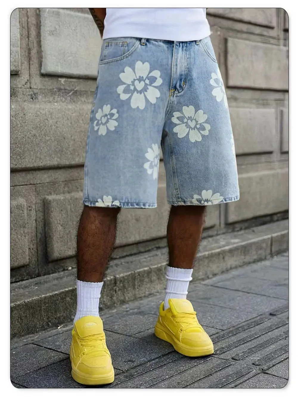 Fresh Delicate Style Flower Print Fashionable Wide Leg Men's Jeans Y2K Casual Elegant Bermuda Denim Shorts Couple Pants