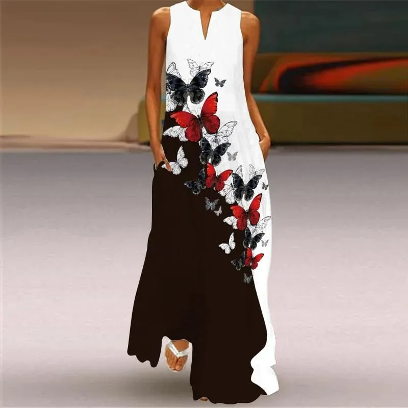 Women Dresses 2026 New summer wear sleeveless long dress V-neck printed emerald flower dress women's clothing vestidoes