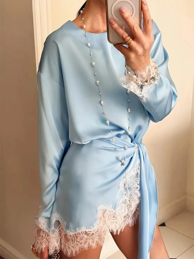 Women Elegant Lace Patchwork Lace-up Dress Solid Round Neck Full Sleeve Satin Loose Mini Dresses 2026 Spring Party Club Vestido