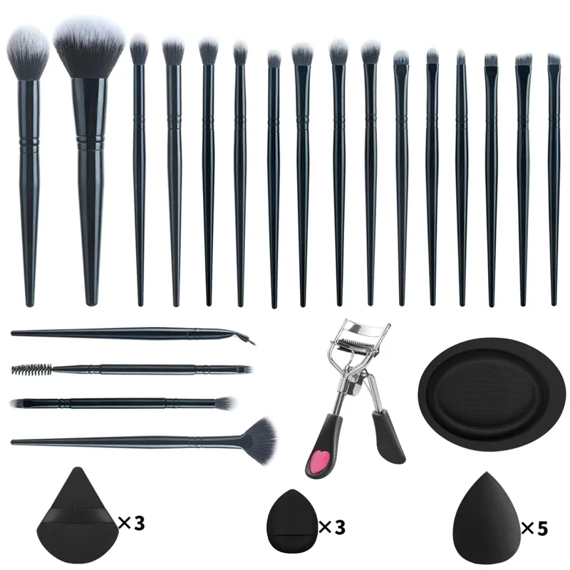 33Pcs Makeup Tool Kit 20 Makeup Brushes With Powder Puff Cleaning Bowl Eyelash Curler Full Face Eye Makeup Set