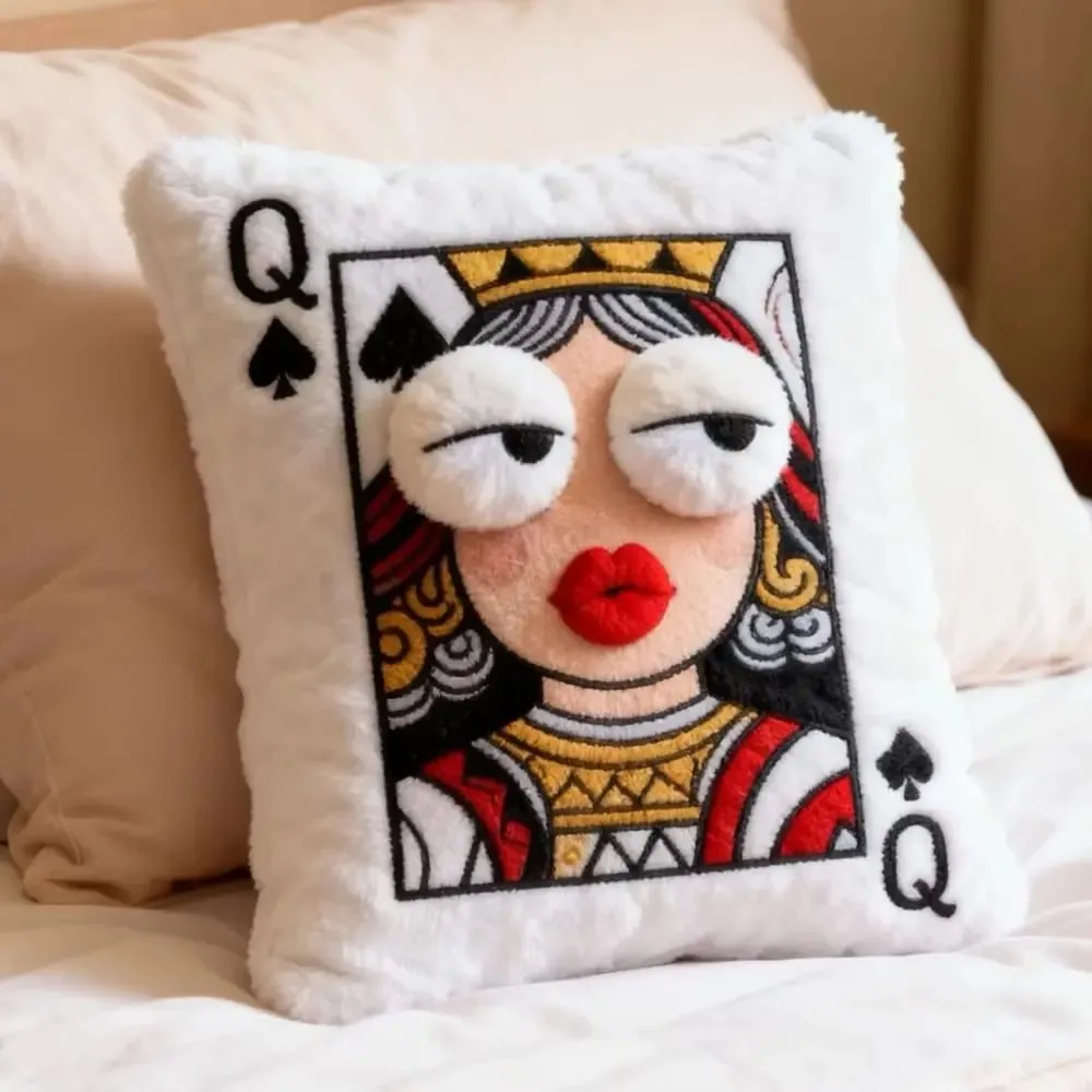 Patchwork Style Poker Card Cushion 3D Big Eyes High-Value Design Embroidered Pillow Card Game Theme Patchwork Pillow Gift Giving