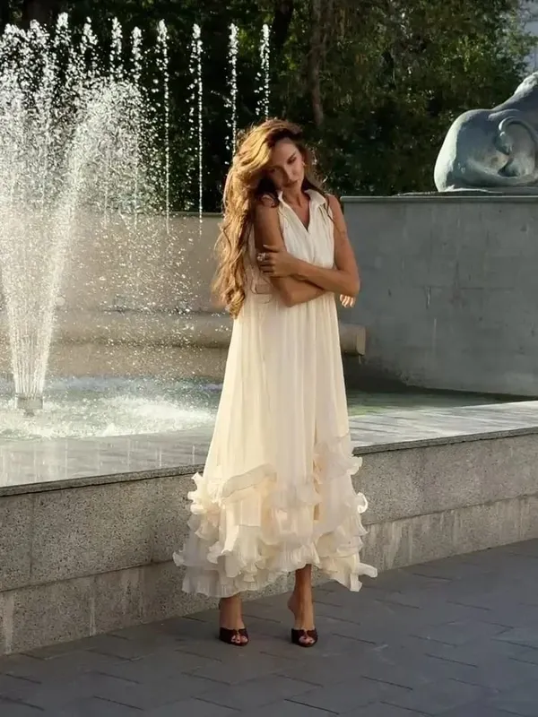 Solid White Ruffle Maxi Dress Women Fashion Lace Pleated Sleeveless Off-shoulder Long Dresses Lady 2026 Summer Holiday Robes New