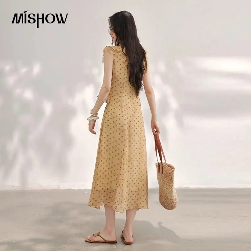 Women's Vintage Polka Dot Midi Dress 2026 Summer French V Neck Lace Ruffle Dress Sleeveless Slim Long Dresses MXF29L2745