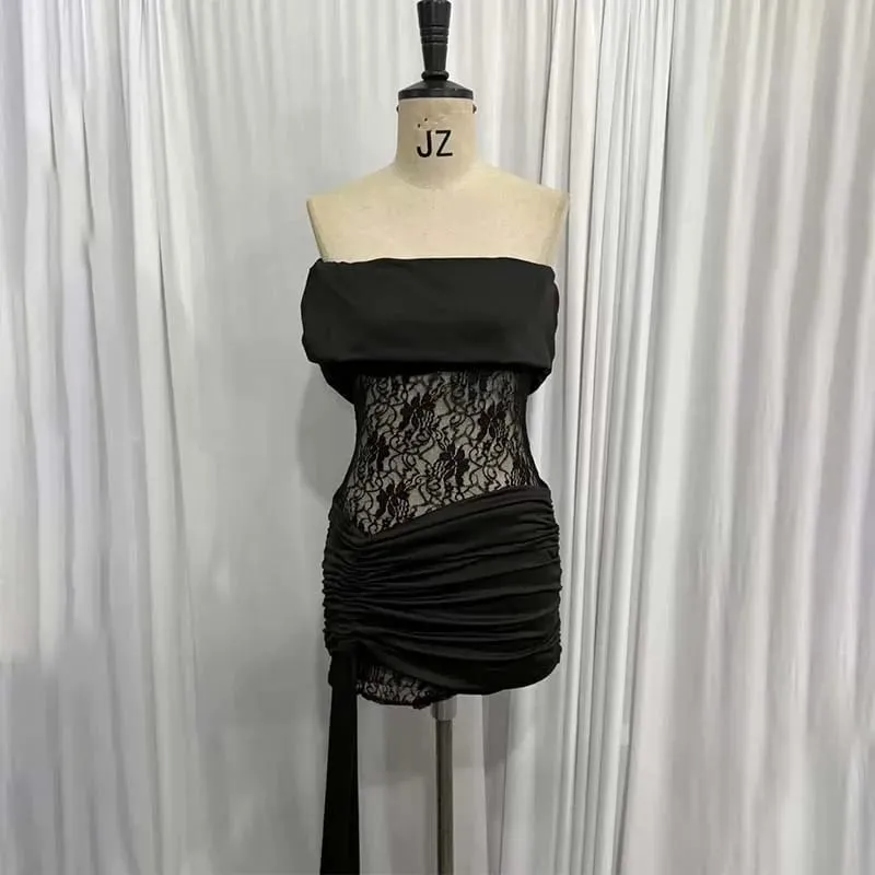 Townlike Pleated Slim Bodycon Dress Women Off Shoulder Mini 2025 Summer Dress Lace Patchwork Nightclub Sexy Party Dresses