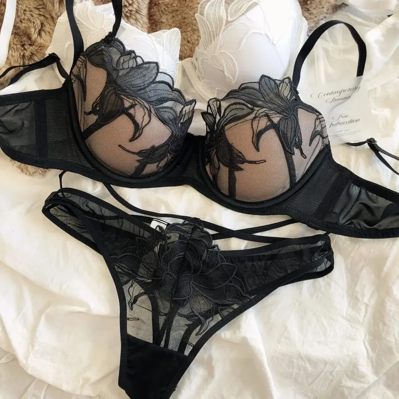Sexy Women Lace Flowers Embroidery Underwear French Thin Cup Push Up Bra Set Hollow Temptation Waist Bandage Thongs Lingerie Set