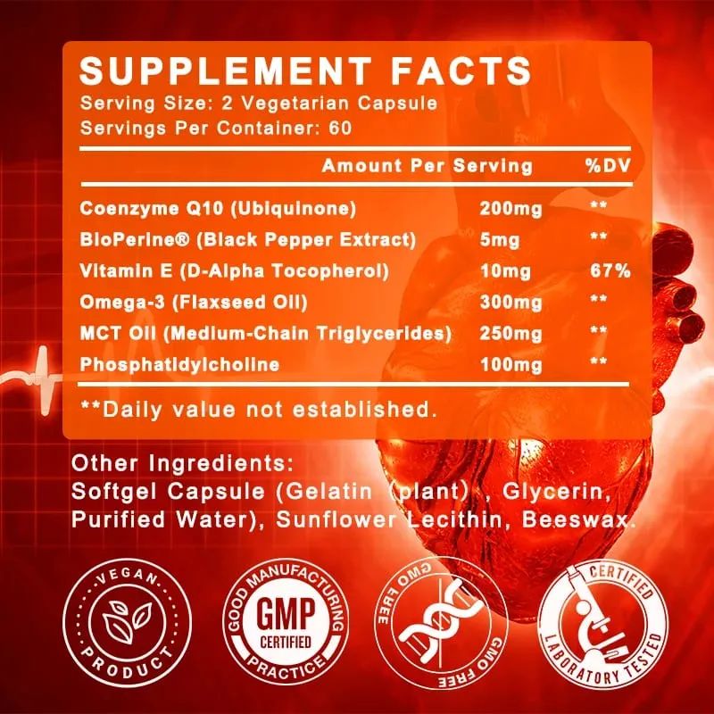 COQ10 Co-enzym Q10 200 mg voor energie Antioxidant Cardiovasculaire hersengezondheid Natuurlijk niet-GMO