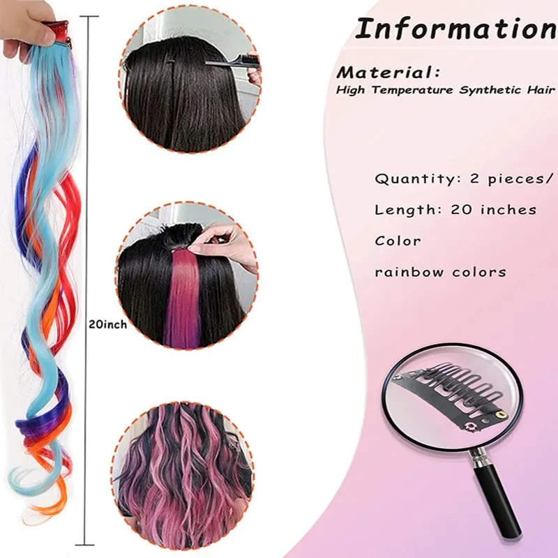 2 STUKS Regenboog Gemengde Kleur Clip In Hair Extensions 20 Inch Krullend Synthetisch Haar voor Meisjes Vrouwen Halloween Cosplay Party