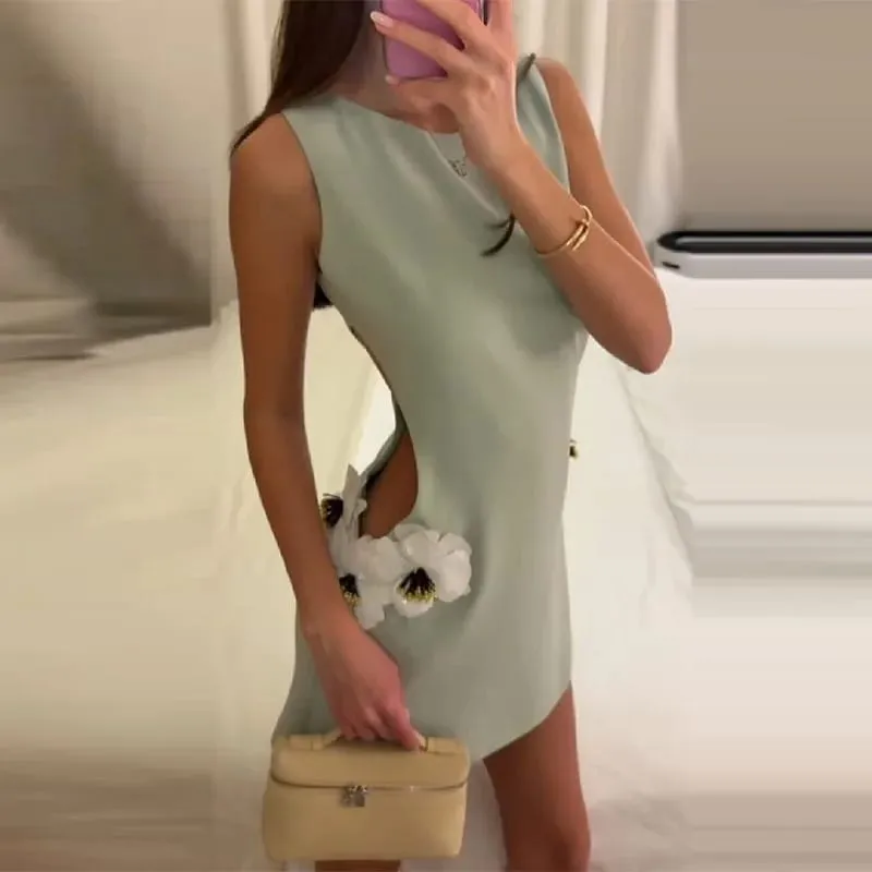 Women's Elegant 3d Flower Sleeveless Mini Dress Lady Light Green Vacation Party Dresses Stylish Female New Trend Summer Clothes