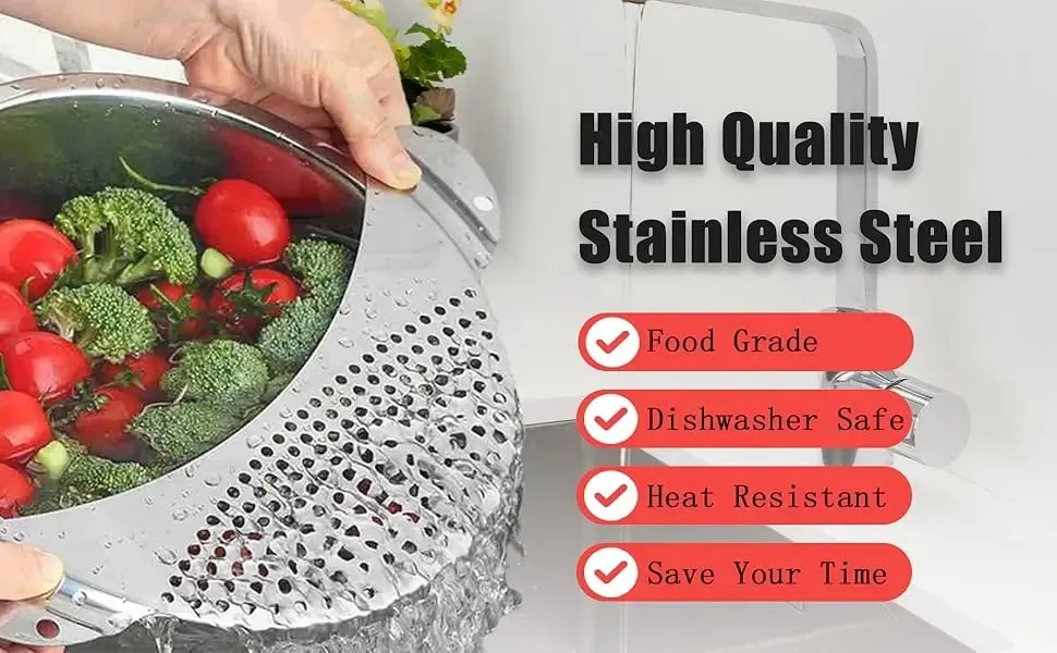 1/2Pcs Pot Strainer Set Stainless Steel Universal Fit Dishwasher Safe Colander for Fruit Veggie Pasta Home Kitchen Cooking