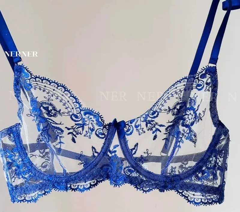 French Style Mesh Embroidery Lace Bra Set With Underwire Slightly Sheer Thin Lingerie Minimizer Bra For Big Bust S-XL