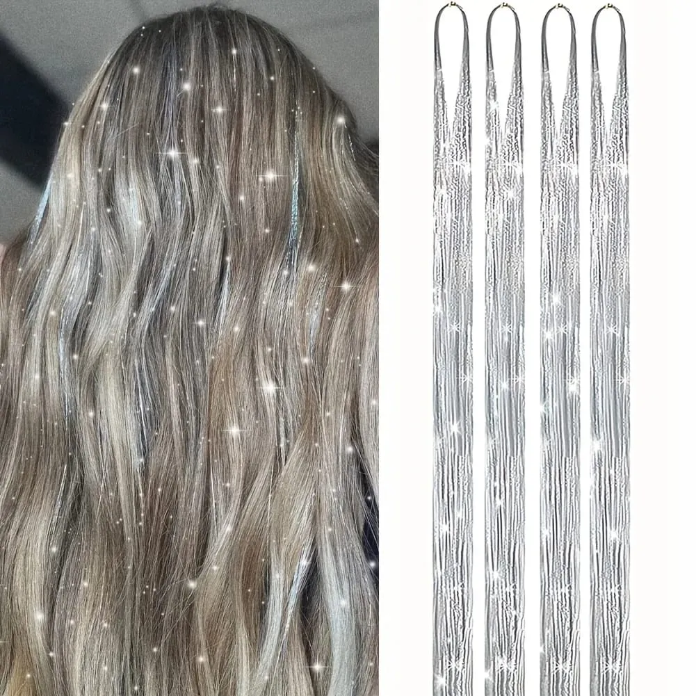 4 Packs 22inch Fairy Tinsel Hair Extensions Kit for Women Holographic Synthetic Hair Extension for Quick Hair Color Change