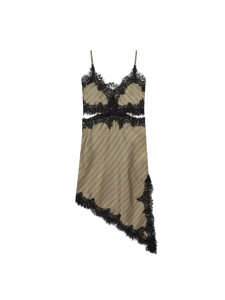 2026 New Women's Lace Trim Cut Out Dress Sleeveless Asymmetric Hem Long Sling Dress Lady Fashion Elegant Party Streetwear