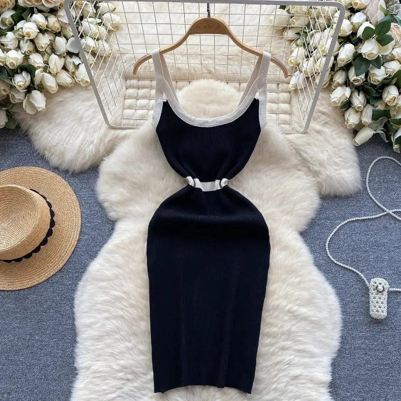 Elastic Fashion Trend Casual Knitting Wrap Dress Sleeveless Off Shoulder Contrast Hollow Out Summer Women Stripe Sexy Slim Dress