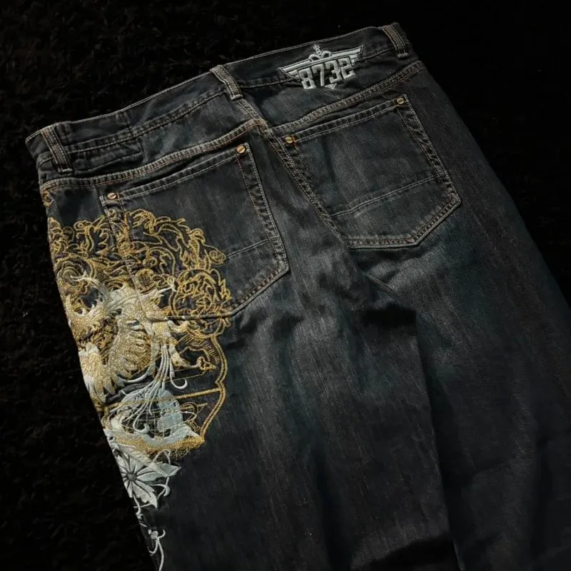 Fashion high street new pattern embroidered men jeans Y2K Gothic Harajuku hip-hop straight high waist wide leg pants — image 7