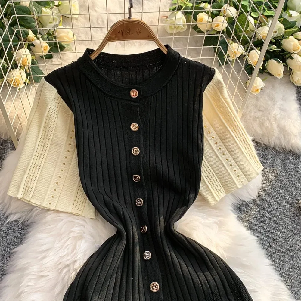 YuooMuoo Vrouwen Jurk 2026 Lente en Zomer Elegante Patchwork Een Stuk Gebreide Maxi Jurk Kantoor Dame Slanke Taille Trui Jurk