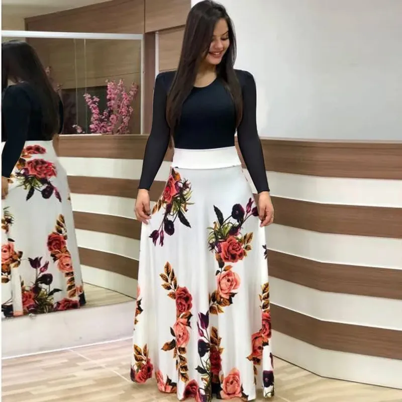 2024 Vestido de manga corta a juego con estampado de flores de estilo europeo y americano para mujer, falda con vuelo grande