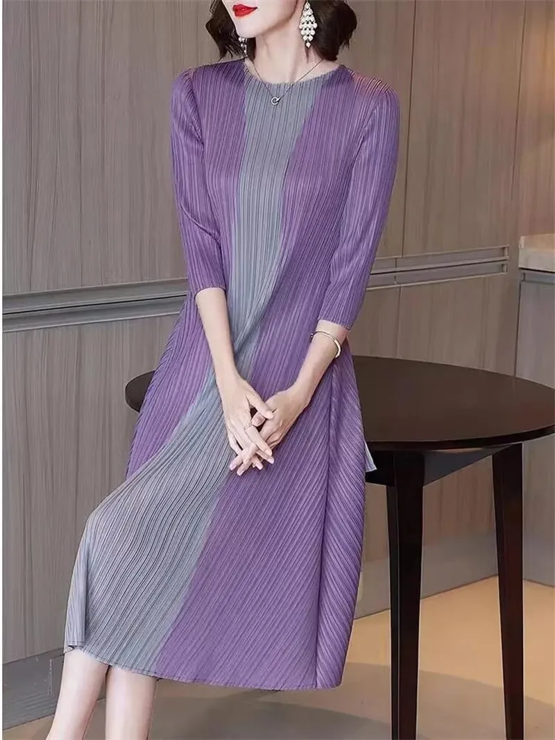Hermosos vestidos de noche Miyake, vestido plisado para mujer, vestido sencillo a la moda con contraste elástico, suelto, manga corta, vestido con lazo en la cintura — image 6