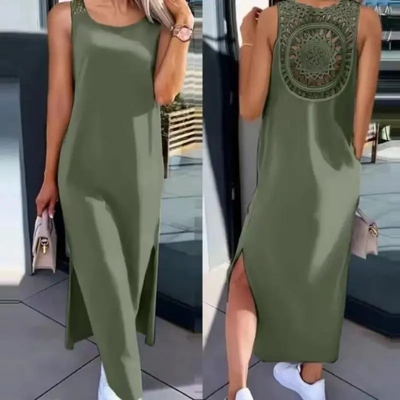 New Summer Casual Hollow Sexy Loose Dress Women Fashion Slit Sleeveless Party Dresses Women Round Neck Mid Length Ladies Dress