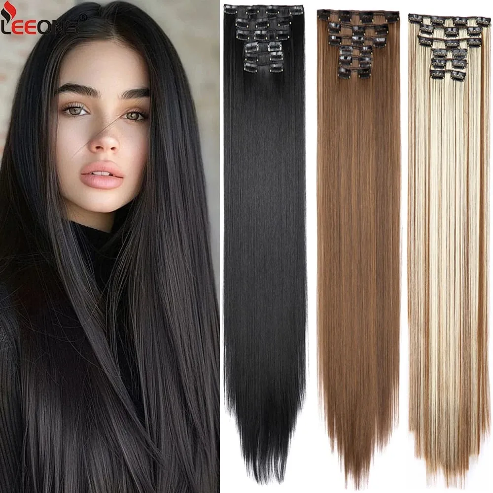 6Pcs/Set 16 Clips In Hair Extensions Black Brown Straight Synthetic Hairpieces 30Inch Thick Hair Extension For Girls Daily Use