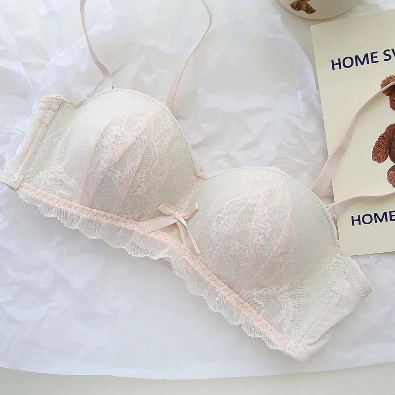 Conjunto de Bralette de encaje de copa Demi francesa Sexy, sujetador de realce inalámbrico para mujer, sin aros, cómodo, sin relleno, Sexy, dulce sujetador para adolescentes AB
