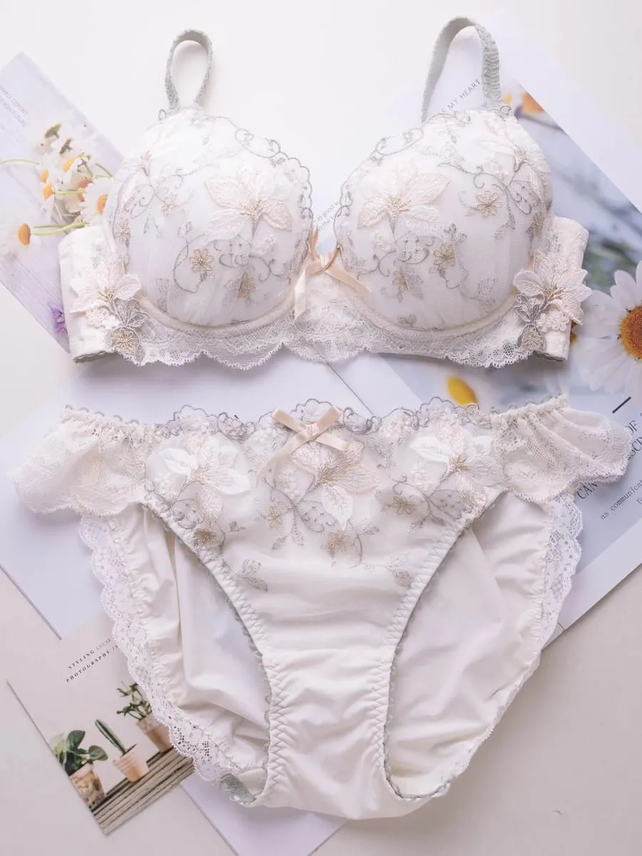 Japanese-style sweet lingerie set thin embroidered shallow cup disc type 2 bra set