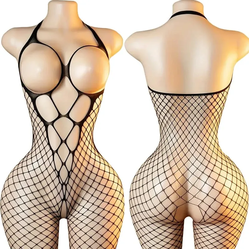 Black Fishnet Off-Shoulder Open-Crotch Bodystocking Lingerie Set Sexy Crotchless Teddy Bra Women's Erotic Underwear