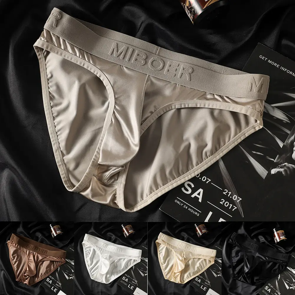 Low Waist Mens Briefs Underwear with Ice Silk Satin-like Fabric Bulge Pouch Smooth Stretch Breathable Underpants