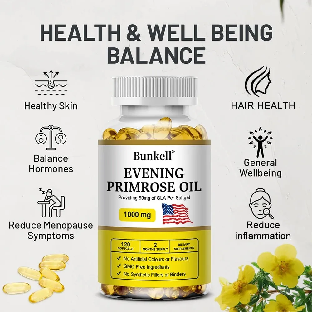 Evening Primrose Oil Capsules - Contains Gelatin and Vegetable Glycerin To Promote Healthy Skin Immunity Balance For Women