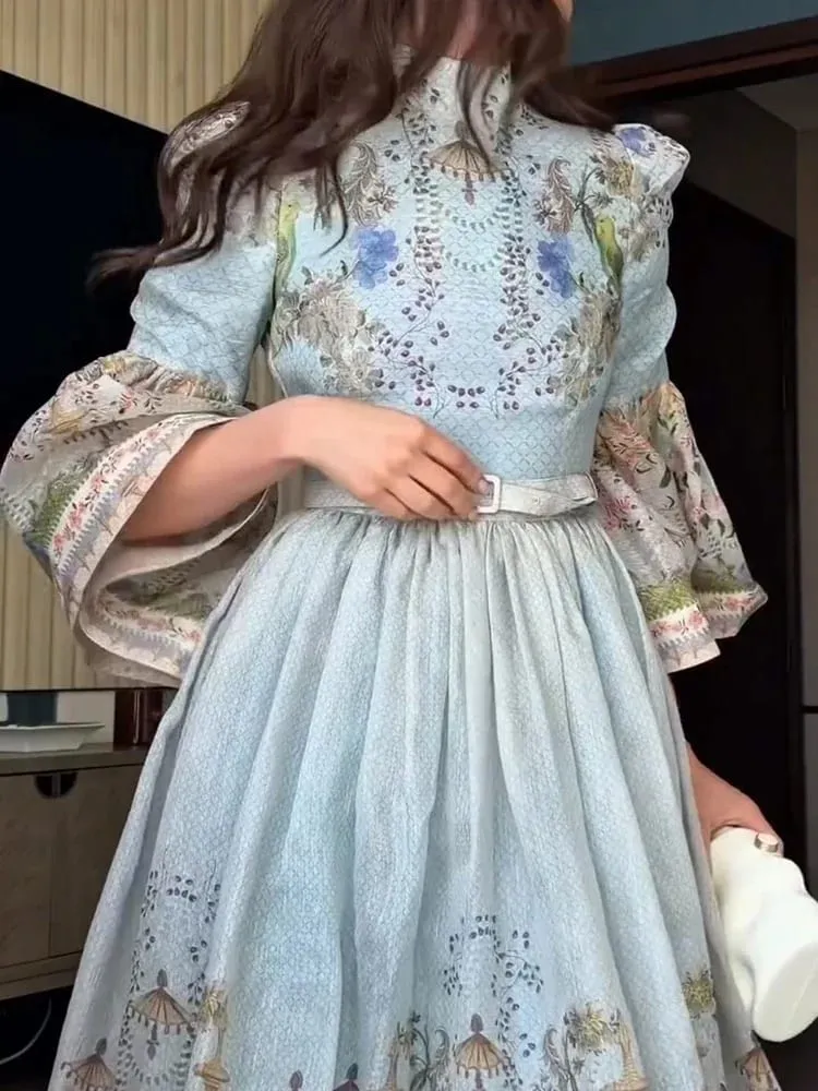 Floral Print Women Dress Button Down Mock Neck Maxi Dresses Long Lantern Sleeve A-Line Waist Belt Flared Hem Elegant Streetwear
