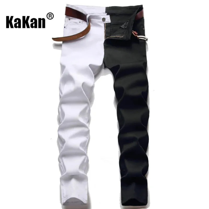Kakan Slim Slim Fit Pie pequeño empalmado Bi-color Jeans europeos y americanos nuevos pantalones vaqueros de pierna recta K021-1266 para hombres