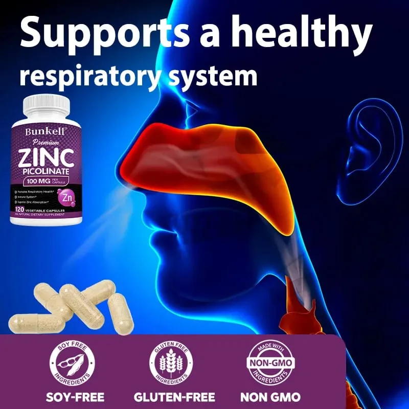 Premium Zinc Picolinate 100mg High Absorption Immune Support Respiratory Health Energy Production & Sleep Supplement