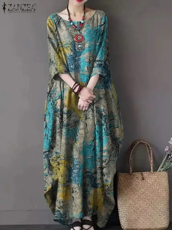 Vintage printede kjoler ZANZEA Autumn Sundress Kvinder Bohemian Casual Langærmet O-hals Kjole Elegant Løs Maxi Vestidos Robe