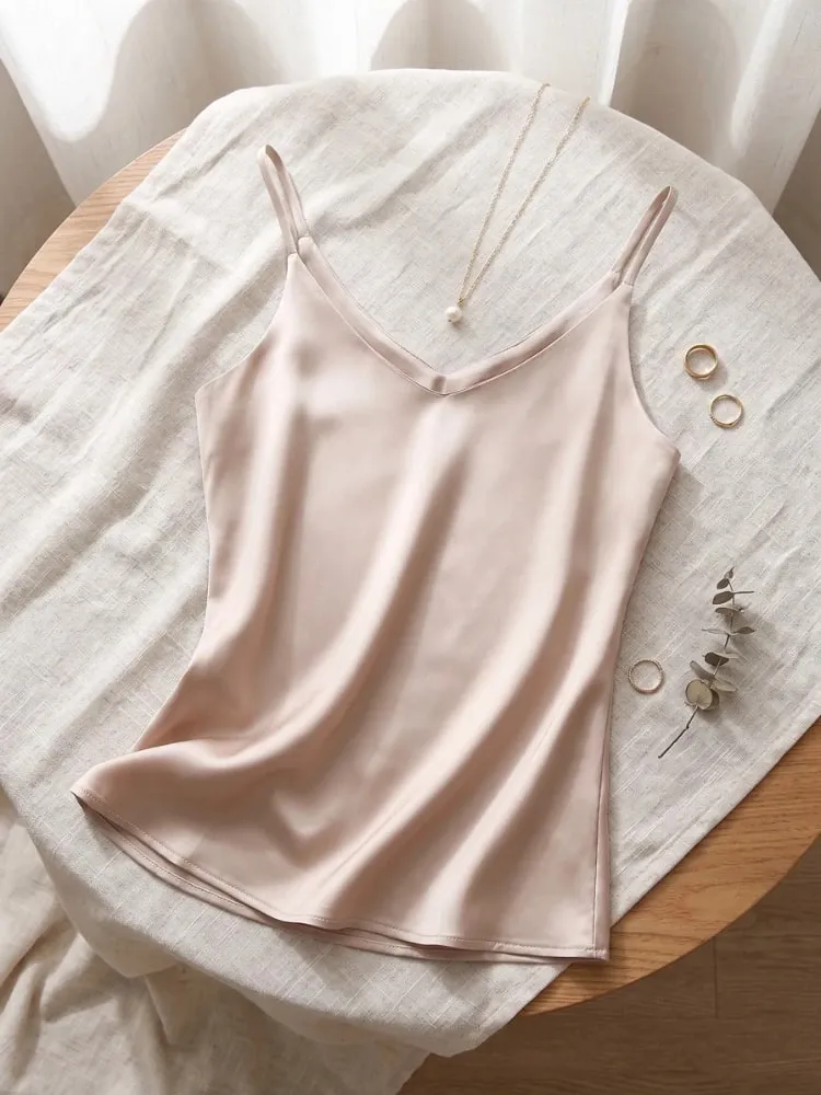 zjaiss Halter V Neck Basic White Cami 2026 Summer Spaghetti Strap Women Tank Top Sleeveless Satin Silk Tops Women'S Camisole