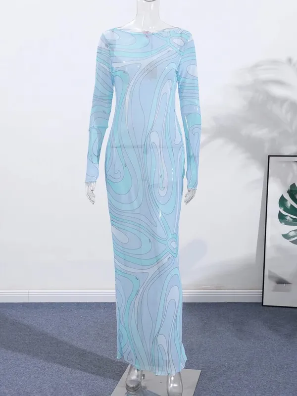 Elegant Print Mesh Long Dress For Women Sexy Deep O-neck Sleeveless Perspective Maxi Dress Lady Summer Chic Beach Robes